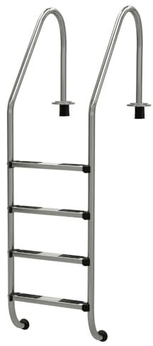 Tiefbeckenleiter Deluxe V4A Edelstahl 4 Stufen mit Weitholm - Premium Poolleiter für Einbaubecken bis 150 cm Tiefe - Hochglanzpoliert mit rutschfesten Stufen