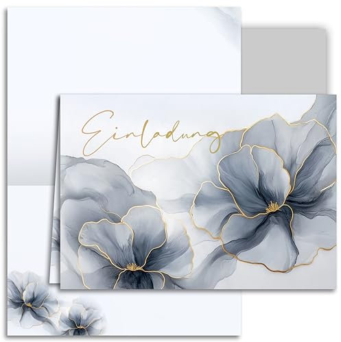 10x Einladungskarten Klappkarten mit Umschlägen Blumen Grau Gold Elegant Floral Hochzeit Geburtstag Jubiläum Party Erwachsene A6 Format