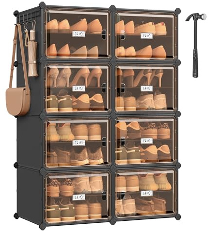 SONGMICS Scarpiera 8 Scomparti, Scarpiera Componibile Ingresso, 30 x 45 x 30 cm per Scomparto, Ante Trasparenti, Metallo, 32 Paia, Camera da letto, Nero Inchiostro e Marrone Trasparente LPC054BH01
