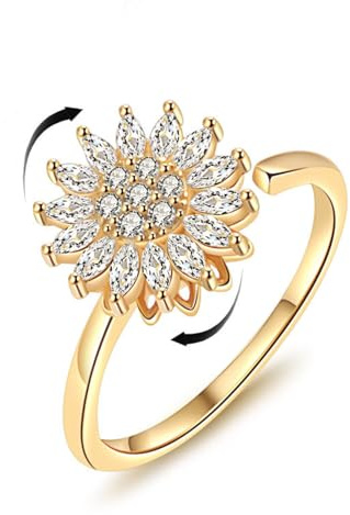 bike8 Sunflower Fidget Ring for Women Non Tarnish Spinner Sunflowe Mood Rings for Anxiety Open Adjustable Stress Relief Jewelry Gift (Gold)