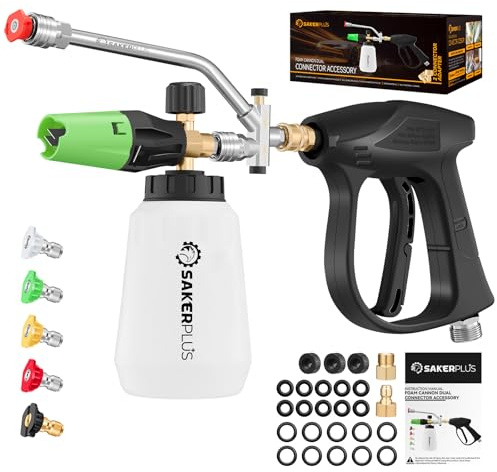 SakerPlus Foam Cannon Dual Connector Accessory,Pressure Washer Gun with Foam Cannon,1/4 Inch Quick Connector with 5 Power Washer Sprayer Nozzles,for Car Washing and Cleaning
