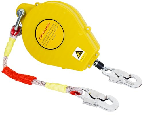 BOVDC Dispositif Antichute a Rappel Automatique, 3-20 Mètres Harnais de Securite Anti Chute Toiture avec Crochet Autobloquant, Ligne de Vie Auto-Rétractable Travaux en Hauteur(Jaune,10 mètres)