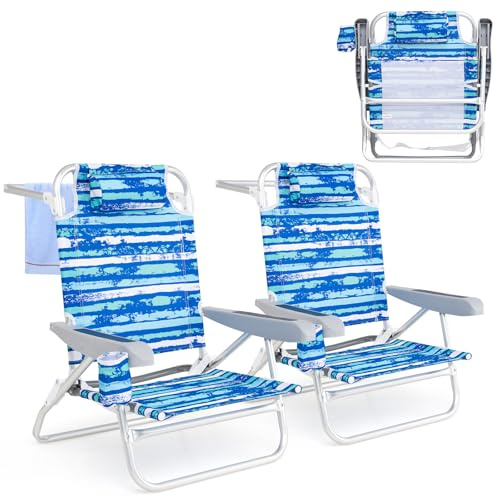 KOMFOTTEU Lot de 2 Chaises de Plage Pliables, Dossier réglable en 5 Positions, Fauteil de Plage avec Appui-tête, Chaise de Camping avec Poches latérales & Porte-Serviette, Charge de 150 kg, (Bleu)
