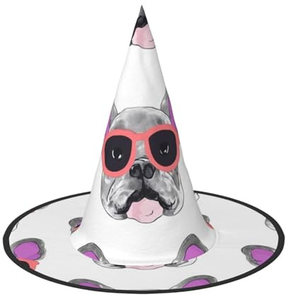 Lot de 2 chapeaux de sorcière pour Halloween, bouledogue français, lunettes roses, chapeaux de sorcière, chapeaux flottants, accessoires de costume d'intérieur et d'extérieur, décorations d'Halloween