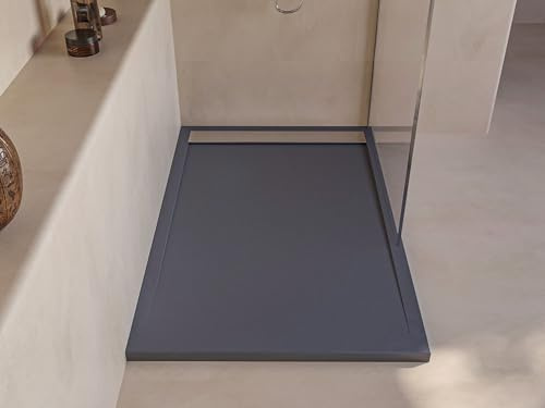 SOULBATH Plato de Ducha - Resina - Gel Coat - Textura Liso/Piedra - Antideslizante - Color Pizarra - 130x80- Extraplano 3cm. Incluye Válvula de desagüe - Rejilla Inox