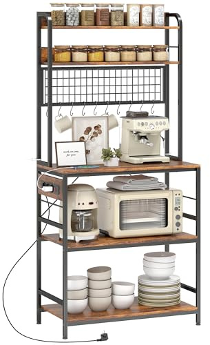 HOMCOM Scaffale Cucina con Multipresa e Ripiani Regolabili, Scaffale per Microonde 5 Livelli con Pannello a Rete e 10 Ganci, Mobile Cucina Vintage Struttura in Acciaio, 80x40x170 cm, Marrone Rustico