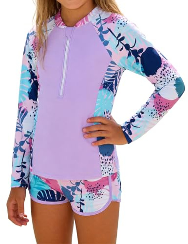EFOGEP Bañador para niña de 2 piezas, camiseta de manga larga con pantalones cortos, UPF 50+ protección UV, protección solar, diseño floral, para niñas de 7 a 14 años