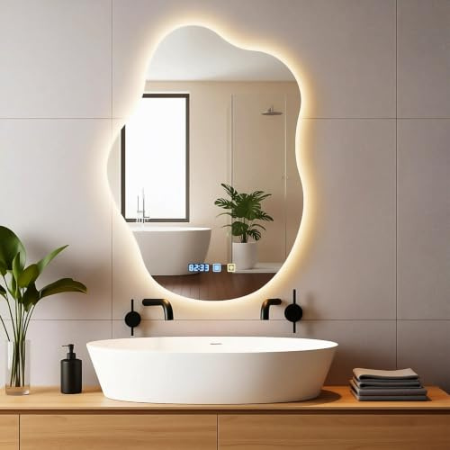 Keleef Väggspegel med belysning, 70 x 50 cm LED-badrumsspegel, molndesign med 3 färgers ljus och tidsdisplay, anti-dimma, dimbar smart belysning för väggmontering i badrummet