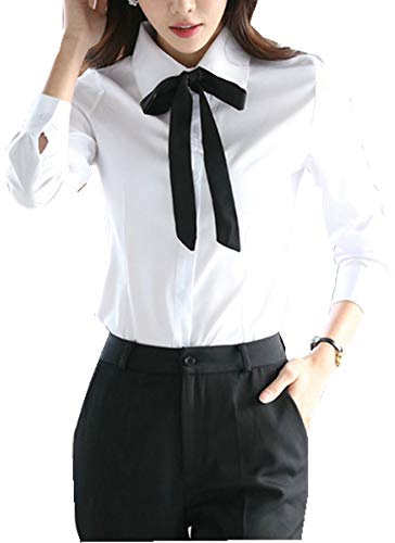 Taiduosheng Top Camicette Slim da Donna a Maniche Lunghe Bianche Abbottonate con Lacci Camicie da Lavoro, bianco, S