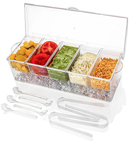 IVYHOME Ice Chilled 5 Compartment Condiment Server Caddy | Fruit Serving Tray | Condiment Pots with 5 Removable Dishes Over 2 Cup Capacity Each and Hinged Lid