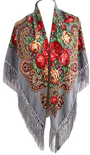 Gudessly Traditioneller Schal für Damen, mit Quaste, Fransen, Halstuch, Kopfschal, Retro-Schal, Blumenmuster, Poncho-Druck, GRAU, Einheitsgröße