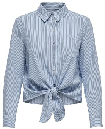 ONLY Women's ONLLECEY LS Stripe Knot DNM Shirt NOOS Blouse, Cloud Dancer/Stripes:Medium Blue, XL