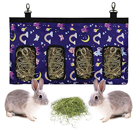 Rabbit Hay Feeder Bag Guinea Pigs Hanging Hay Rack Manger Holder Dispenser Small Animal Feeder Storage Pouch for Bunny Chinchilla Hamster (4 Windows, Pattern Purple)