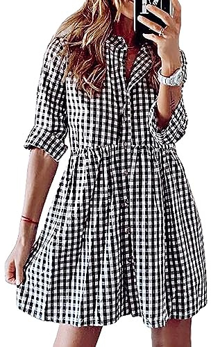 FANCYINN Vestido Camisero de Cuadros Vichy para Mujer Manga Larga Botones Blusas túnica Informal Minivestido a Cuadros En Blanco y Negro M