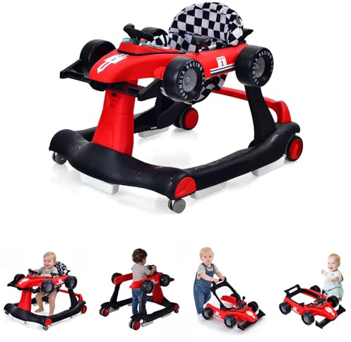 RELAX4LIFE Girello per Bambini 6-18 Mesi, Baby Walker 4 in 1 Trasformabile, Carrello Primi Passi e Macchinina a Spinta con Luci e Suoni, Altezza Regolabile, Pieghevole(ROSSO)