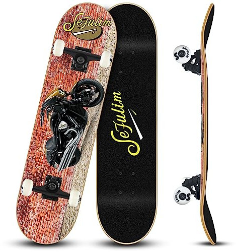 Sefulim 31 x 8 Pouces Ensemble Complet de 7 Couches érable Canadien Double kickboard concave Cruiser Stunt Skateboard pour garçon Fille Adolescent Adulte débutant(Mur de Moto)