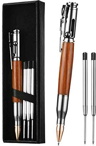 AUAUY Bolt Action Premium Stylo à Bille, pour écriture de Bureau Rétractable avec 5 Recharge et Coffret Cadeau, en Métal, pour EDC Signature Office School Business Pen (Grain de Bois)