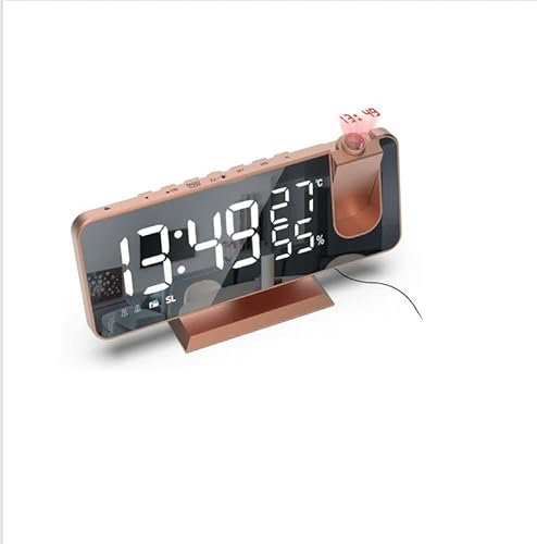 SPORTARC Réveil à projection, 19,1 cm LED miroir réveil de chevet avec radio FM, projecteur à 180°, affichage de la température et de l'humidité, 12/24h, double alarme