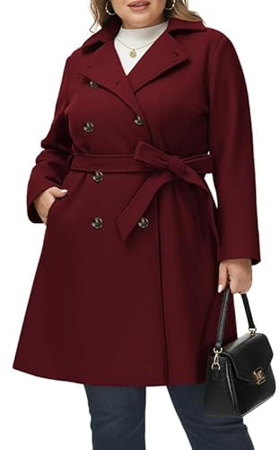 Hanna Nikole Manteau Laine Femme Longue Grandes Tailles Manteau Laine Double Boutonnage avec Poches Ceinture Manches Longues Trench Longueur Moyenne Vin 54