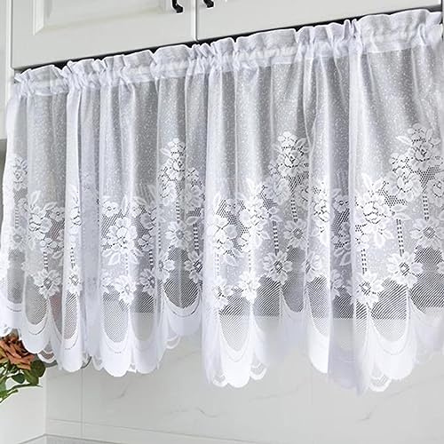 Vita Köksgardiner，Enkel Pastoral stil Fönstergardin, Romantiska Ihåliga Solros Spetsvalanser, för Kök Duschdörrar Barnrum (Color : White, Size : 140x40cm/55x18in)