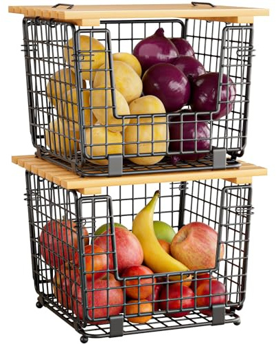 Wire Storage Basket for Kitchen Pantry: GGIU Stackable Kitchen Counter Organizers - Wire Organizing Bin for Produce Vegetable Potato and Onion Black