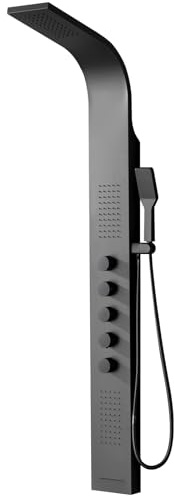 BWE Black Shower Tower Multifunction Shower Panel System Stainless Steel Panel with Handheld Wand Rainfall Shower Head Wall Mount Shower Column