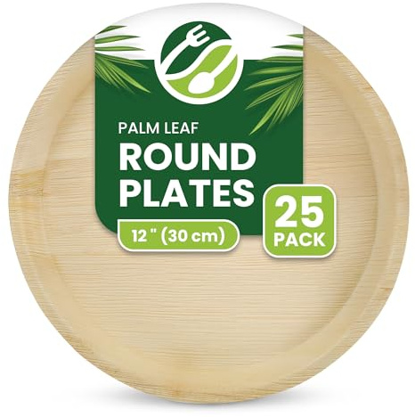ECO Leaf 25 Disposable Palm Leaf Plates | 12”(30cm) Round Compostable Dinner Plates | Eco-Friendly, Biodegradable Heavy-Duty Plate for Wedding, Party & Picnic |Microwave & Oven Safe