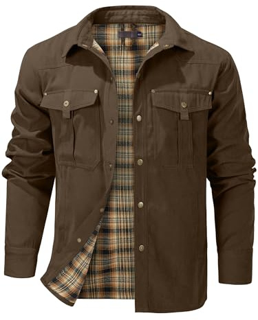 Mr.Stream herr rutig flanellfoder jacka skjortjacka övergångsjacka lätt ståkrage fältjacka cargo höstjacka snap western cowboy jackor, BRUN, XL
