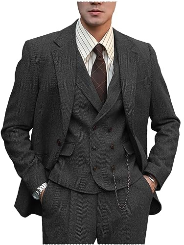 Tuikayoo Traje formal de tweed para hombre, lana en espiga, 3 piezas, traje de boda, corte ajustado, esmoquines de graduación para padrinos de boda, Negro , XL
