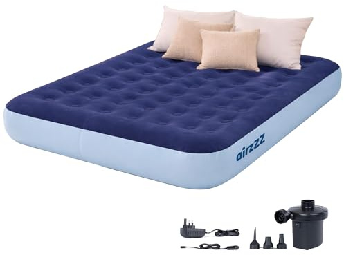 AirzzZ Inflatable Flocked Air Bed with AC Pump - Double Airbed Quick Inflatable Mattress, Quick Inflation & Deflation Blow Up Mattress, Lightweight Comfortable Camping Mattress Guest Bed (Double+Pump)