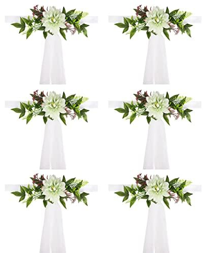 BFYDOAA Set of 6 Wedding Aisle Pew Flowers Chair Back Flowers Artificial Dahlias with Bows Tulle for Ceremony Celebration Seat Church Bench (green)