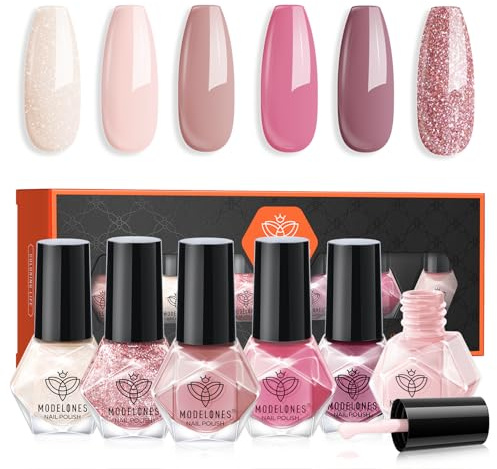MODELONES Vernis à Ongles, 6 PCS Brillant Séchage Rapide Vernis à Ongles Lot Nude Rosa Pailleté 6 Couleurs, Base D'eau Vernis Lot, Cadeau pour Les Femmes, Coffret Vernis a Ongle pour Salon DIY Home