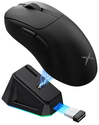 DELUX M500 Pro Gaming-Maus, ergonomisch, kabellos, 58,5 g, leicht, 8000 Hz, Abfragerate, RGB-Dockingstation, PAW3395 mit 26000 DPI, Trimodus-Verbindung, Goldrad TTC (schwarz)