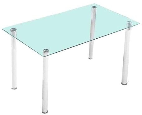 HOGAR24 ES Mesa de salón, Mesa de Comedor, Mesa de Cristal Transparente, Estructura Metalica Color Blanco, Medidas: 140 cm (Ancho) x 75 cm (Alto) x 80 cm (Fondo).