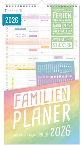 Häfft® Familienplaner 2026 mit 5 Spalten Rainbow 22,5 x 42,1 cm, Wandkalender 2026 mit Sticker, Familienkalender Wandplaner: Ferientermine & viele Zusatzinfos - nachhaltig & klimafreundlich