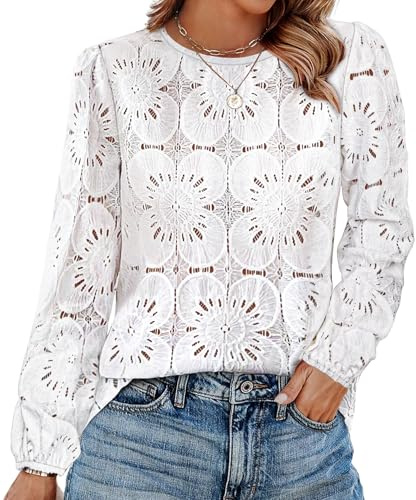 OFEEFAN Blouses for Women Dressy Casual Long Sleeve Tops Spring Fashion 2026 Cute White Boho Crochet Lace Shirts Business Work Outfits 2XL
