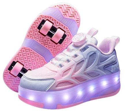 Mateju Scarpe con Rotelle Bambina, Ragazza Ragazzo Sportive Scarpe da Skateboard LED Luci Brillantini, 4 Rotelle Rimovibile Skateboard Ginnastica da Pattini Sneakers per Bambino (Rosa,34)
