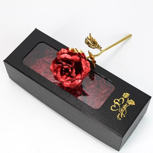Forever Rose Gold Rose, Glitter Roses with Gift Box, Romantic Red Rose for Valentine's Day, Mother's Day, Birthday, Anniversary, Home Decor, Black Display Case with Handbag and Raffia