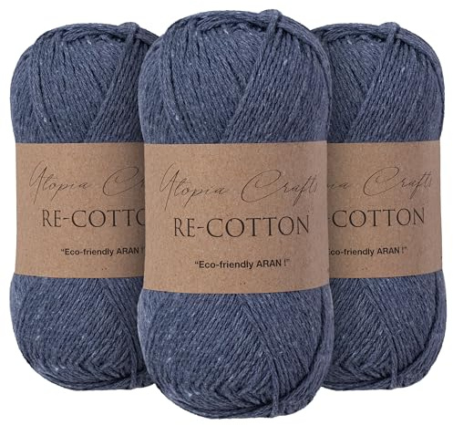 Utopia Crafts Re-Cotton - Ovillo de lana para tejer, 3 unidades, 100 g (azul índigo)