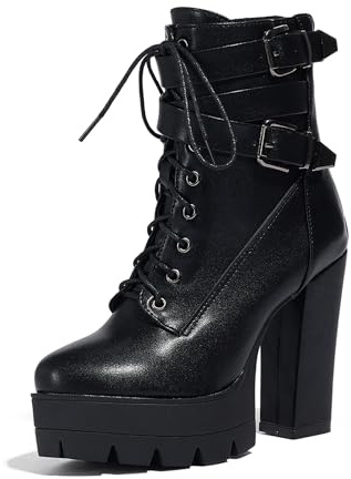 Bviennic Donna Stivaletti Tacco Alto a Blocco con Plateau Moda Punta Rotonda Zip Festa Polacchine 2305 Nero Numero 39 EU/40Cn