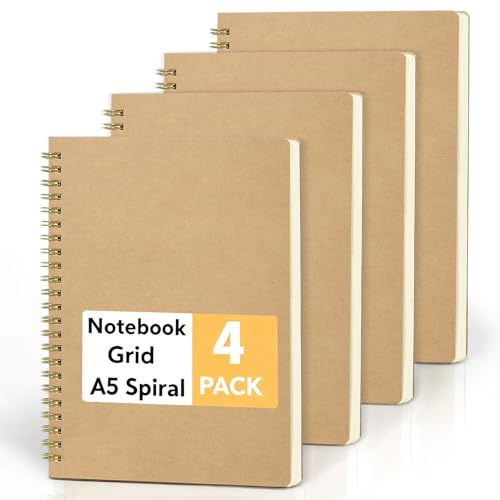 JSQJ Cahier Spirale A5 Lot de 4 - Carnet de Notes Carreaux 5x5mm