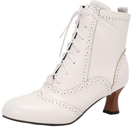 VBEDKDEB Botines Mujer Botas Tobillo Botas Mujer Otoño e Invierno Suela de Goma Tacón Grueso Botas con Cordones Tacón Alto Botas Cortas Botines con Tacón, Blanco, 37.5 EU