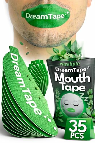 DreamTape® Mouth Tape 35 uds Premium Eucalipto – Cinta Bucal para Dormir – Mouth Tape for Sleeping – Reduce ronquidos, boca cerrada, tiras bucales para dormir, parche boca – pegatinas para no roncar