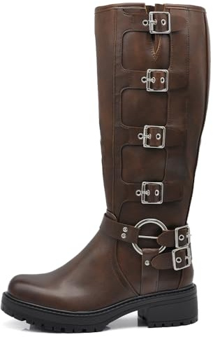 IF Fashion Scarpe Stivali da Donna Al Polpaccio Ginocchio Stile Biker Punk Rock Motociclista con Fibbia Multipla ML287 brown N.38