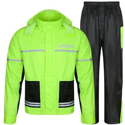 STORM Tuta Antipioggia Impermeabile 2 Pezzi con Inserti Elasticizzati, Giacca + Pantaloni Abbinati ad Alta Visibilità Yellow Fluo, Antivento con Cappuccio a Scomparsa (Giallo/Fluorescente, XX-Large)