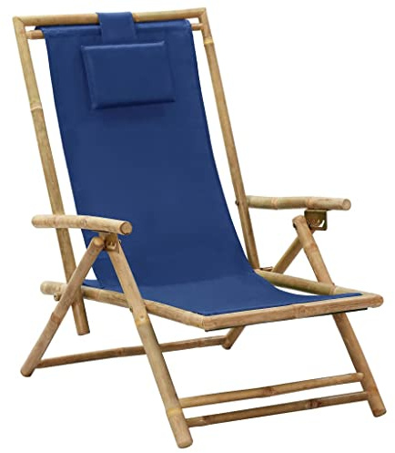 ANYCHOLE Relaxing Chair Navy Blue Bamboo, Polyester Standard Foldable, Adjustable Backrest, Portable Outdoor Indoor Lounger, Garden Patio Deck Seating Outdoor Accessories