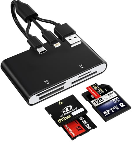 4 in 1 Memory Stick Pro Duo Adapter, Multi Memory Card Reader with Lightning/USB-C/USB-A for SD/TF/MS/XD, Sony Cybershot Memory Stick Pro Duo Reader for iPhone/Android/PC/iPad/Camera, Plug & Play