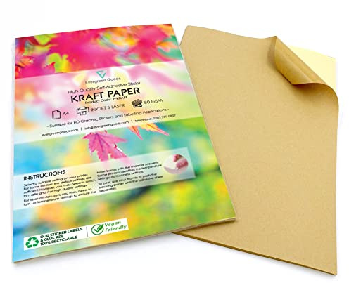 Evergreen Goods Ltd 30 ark DIN A4 tryckbart kraftpapper självhäftande – papper för bläckstråleskrivare och laserskrivare, matt självhäftande papper för hantverk, etiketter, dekoration