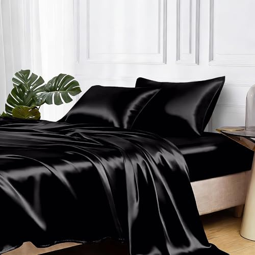 MR&HM Satin Sheets Twin Size with Elastic Corner Straps, Black