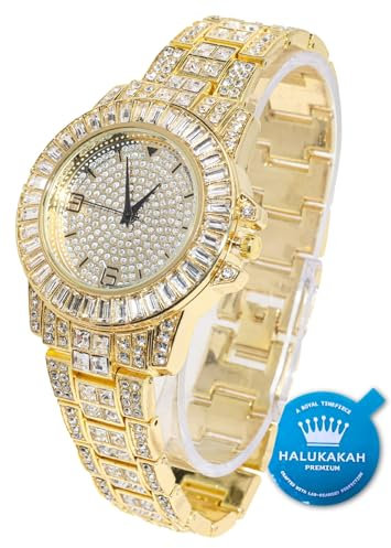 Halukakah Diamant Golduhr, Herren 18K Echt Vergoldet 38MM Breite Rund Wählen Quarz Armband 22cm, mit Geschenkbox